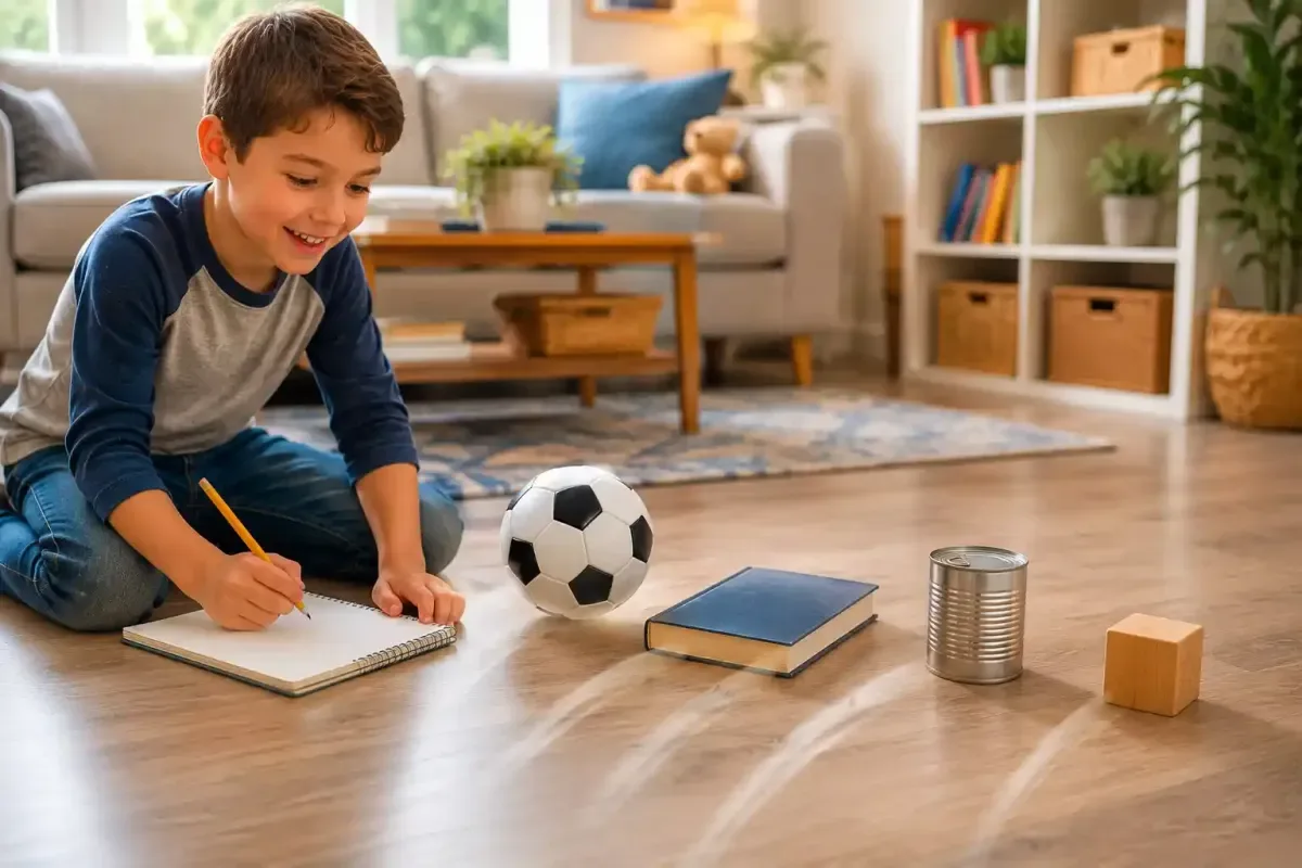 Child comparing objects that roll and slide