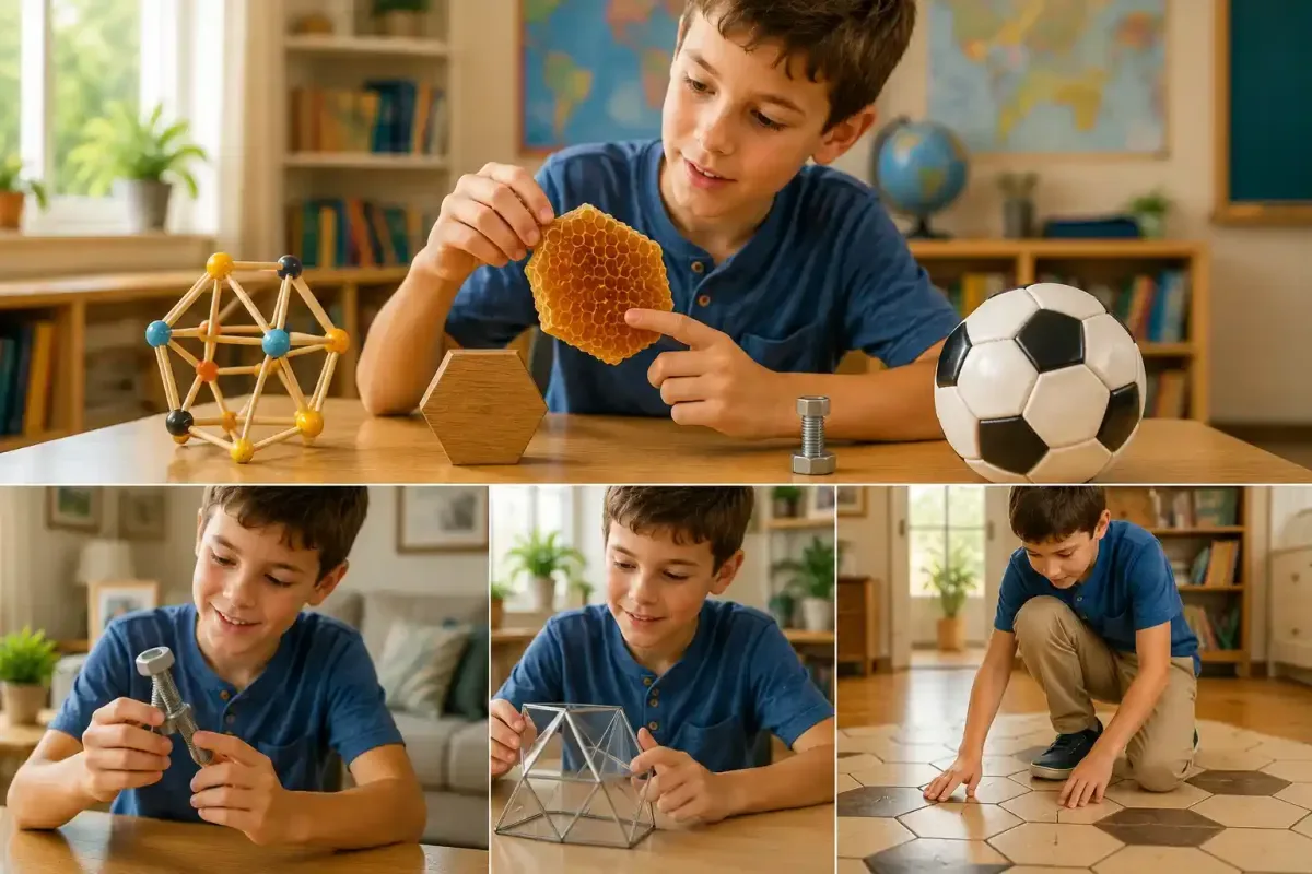 Child discovering hexagons in everyday objects