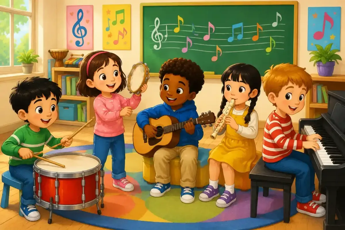 Children exploring different ways to play musical instruments