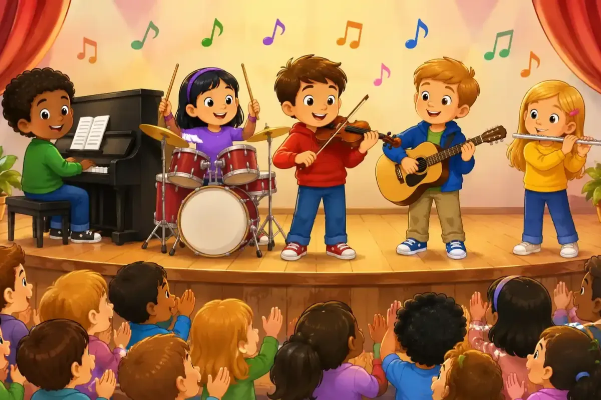 Children performing together with different musical instruments