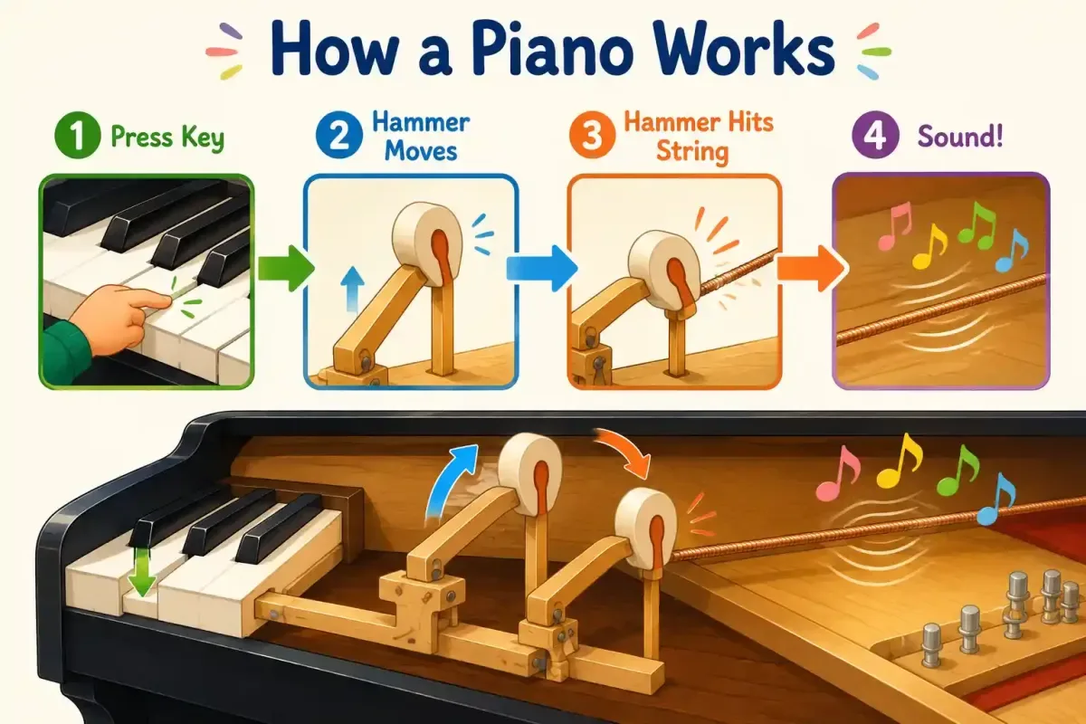 Cross section showing how a piano makes sound