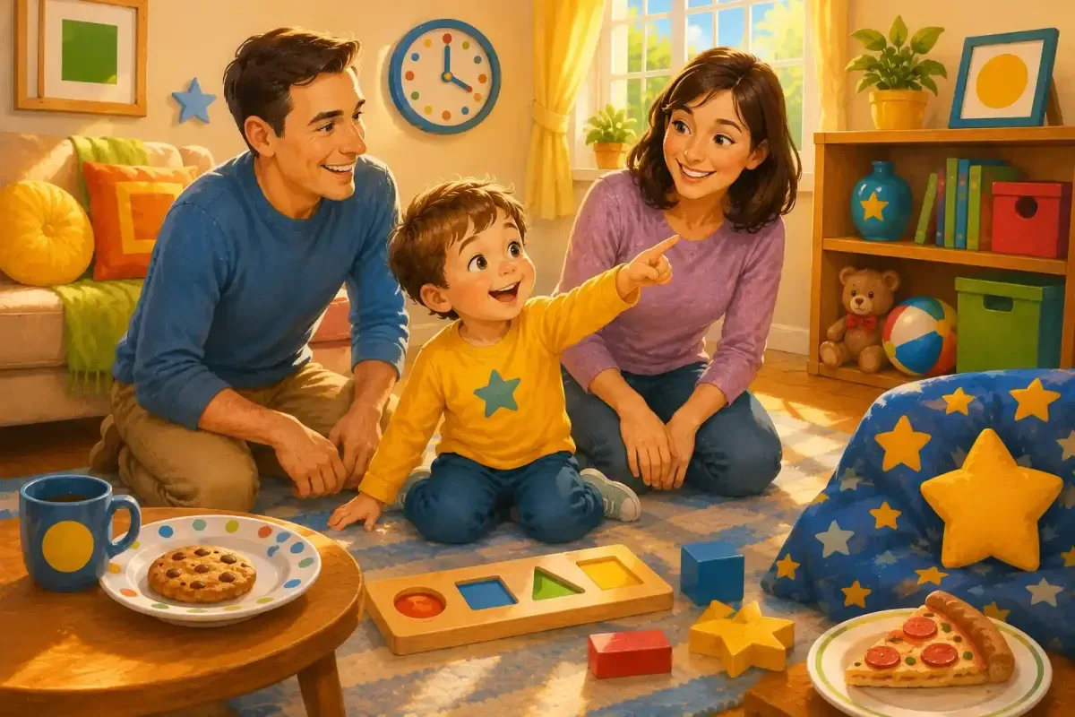 Family enjoying a fun shape hunt at home