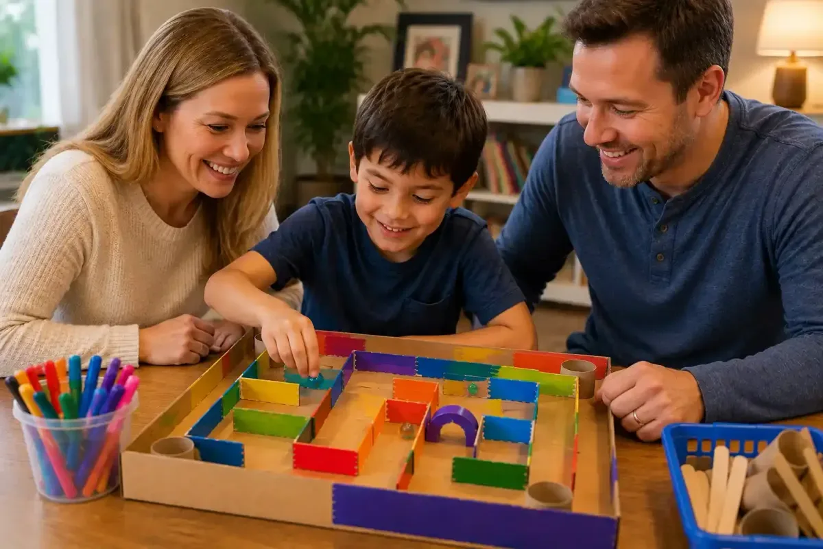 Family Playing a DIY Marble Maze