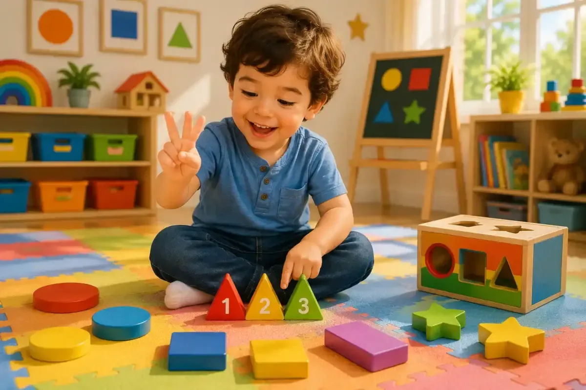 Happy child counting colorful shape blocks