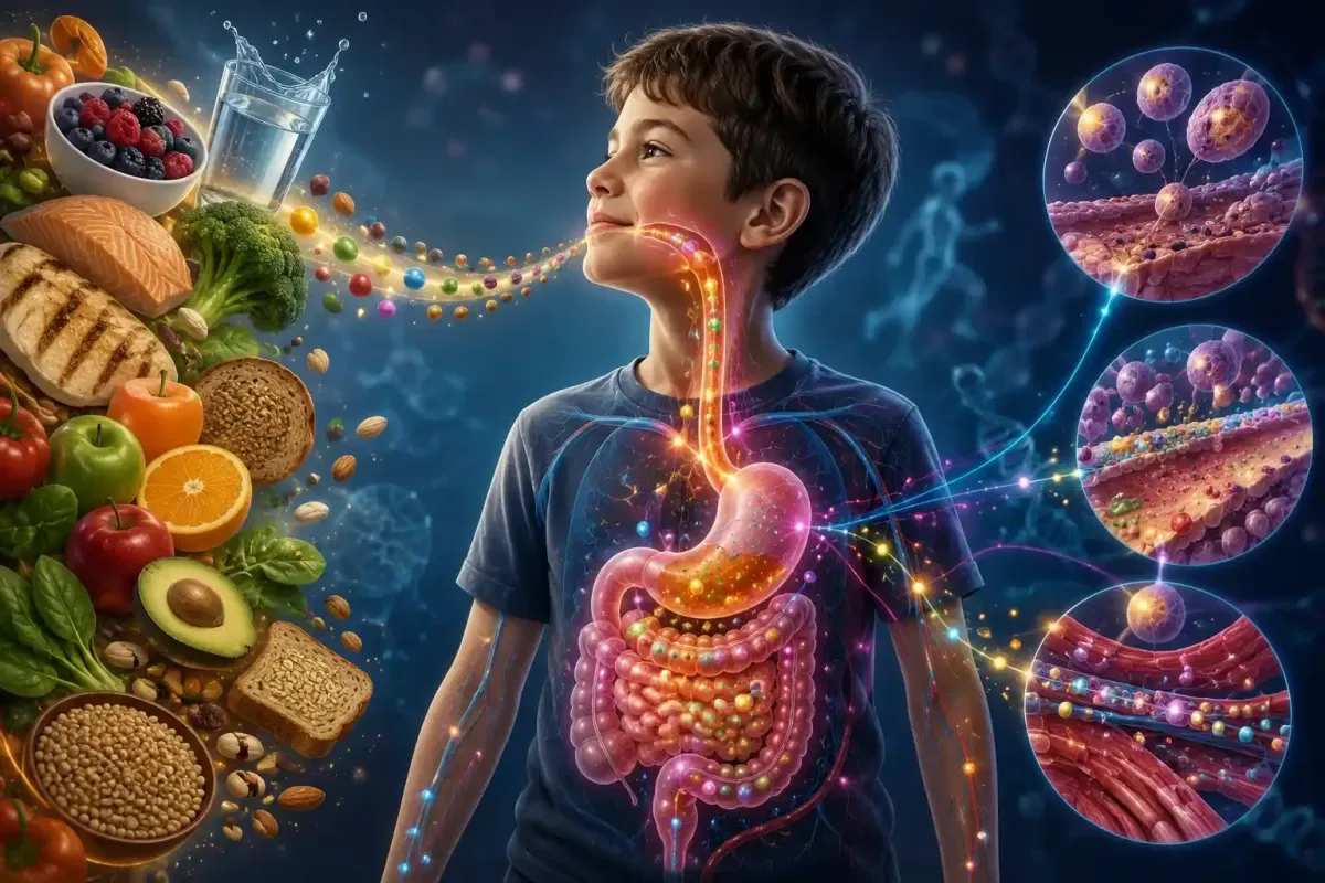 Healthy food nutrients moving through the body