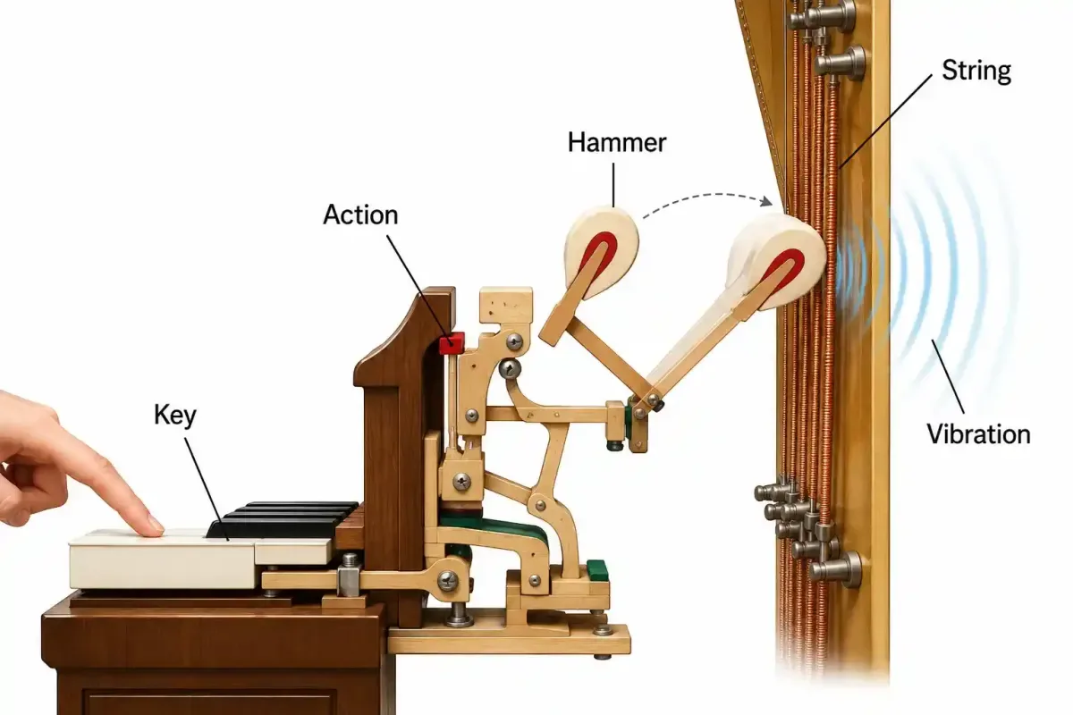 How a piano key makes a string vibrate