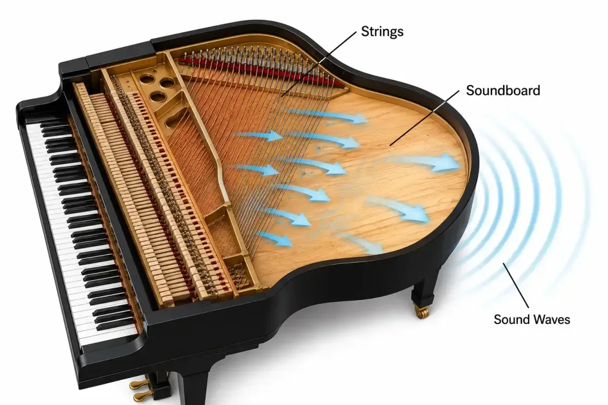 How a piano soundboard makes music louder