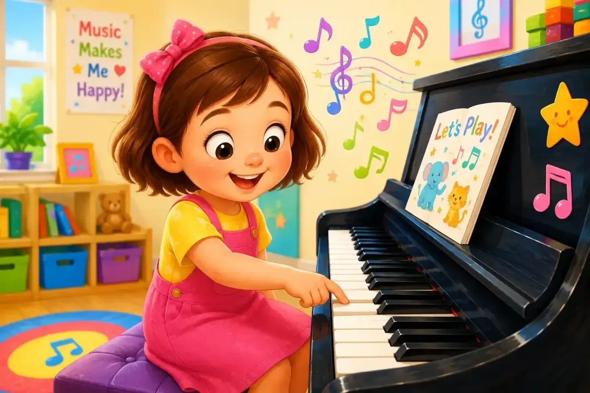 Little girl pressing piano keys