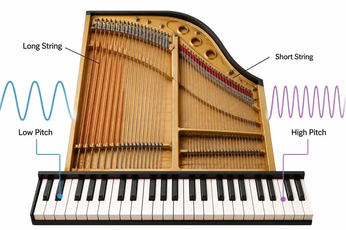 Piano strings showing how size affects pitch