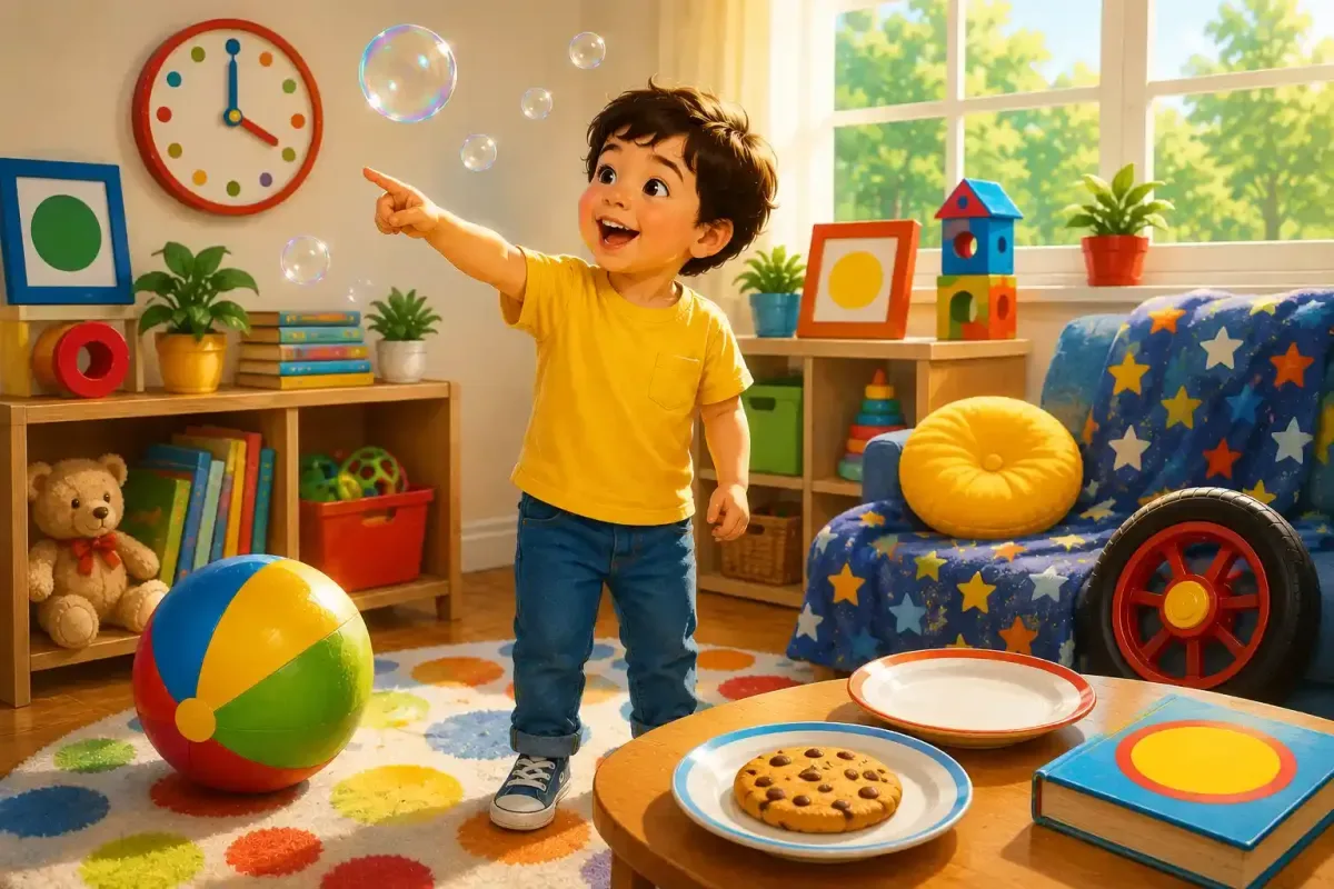 Preschool child finding circles around the house