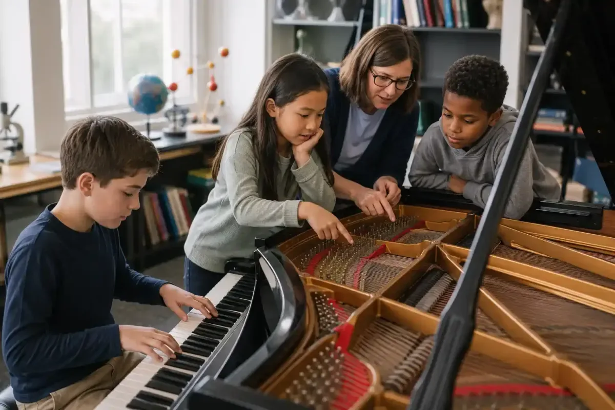 Preteen exploring the science and mechanics of a piano