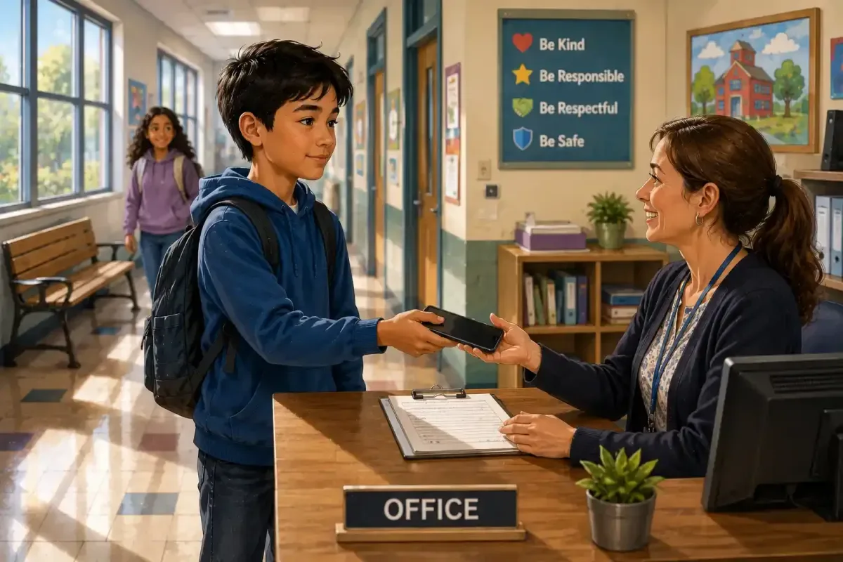 Preteen student handing a found smartphone to a school office staff member