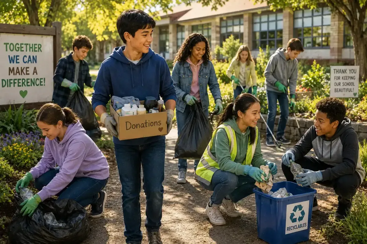 Preteen student leading classmates by example during a school community cleanup