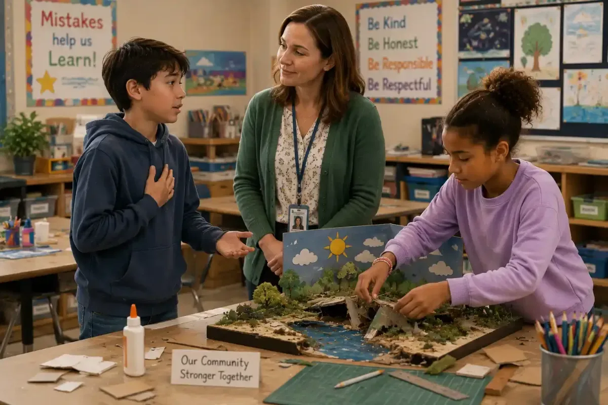 Preteen student taking responsibility after accidentally damaging a school project