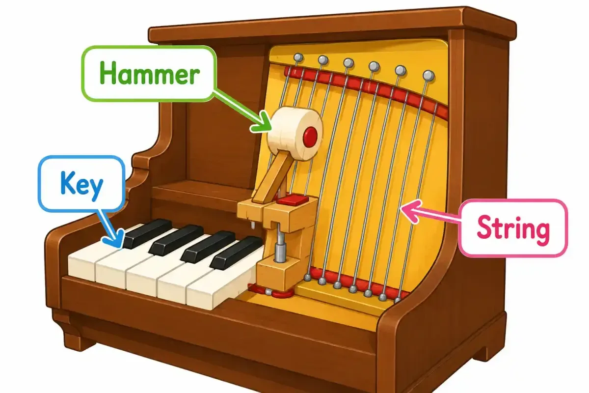 Simple cutaway of a piano showing tiny hammers