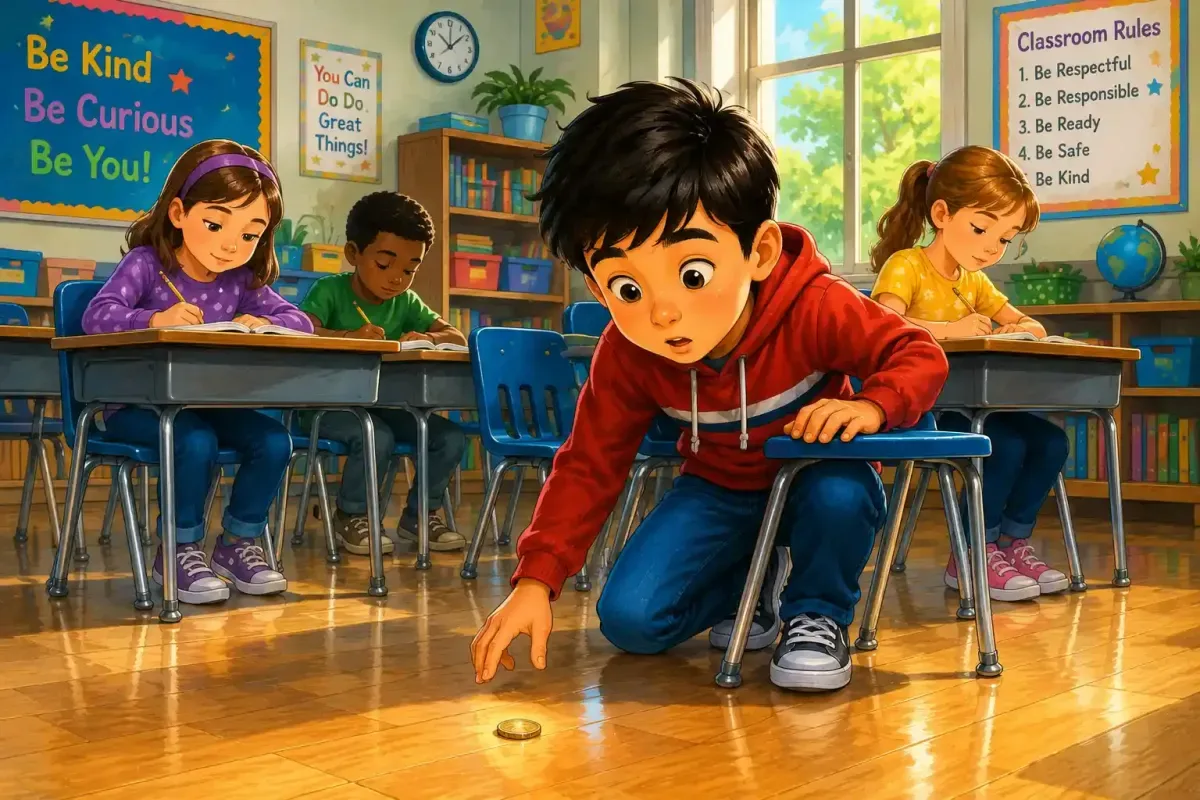 Student finding a coin in class