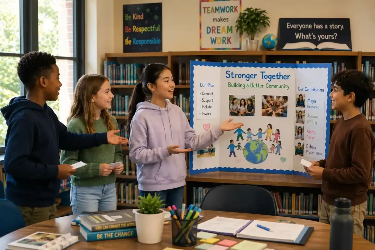 Students giving credit to every teammate during a group project