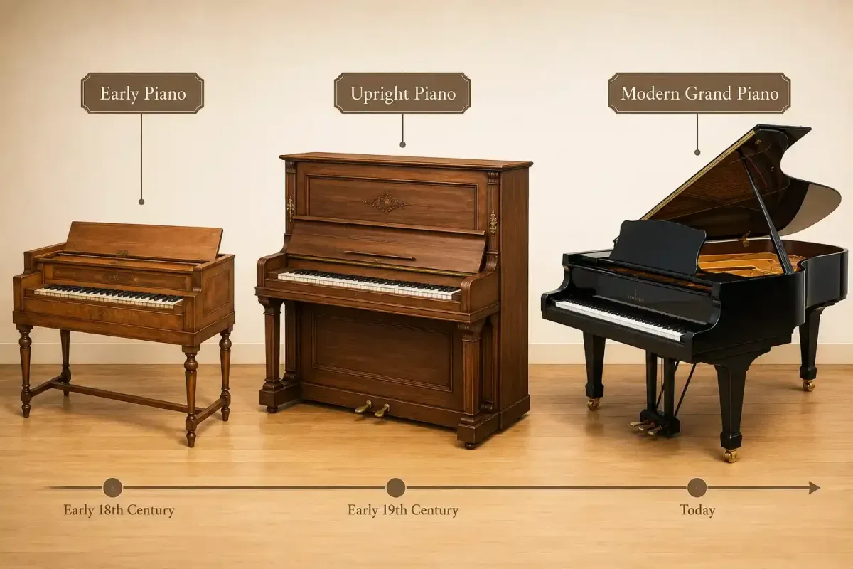 The evolution of the piano from early keyboard to modern grand piano