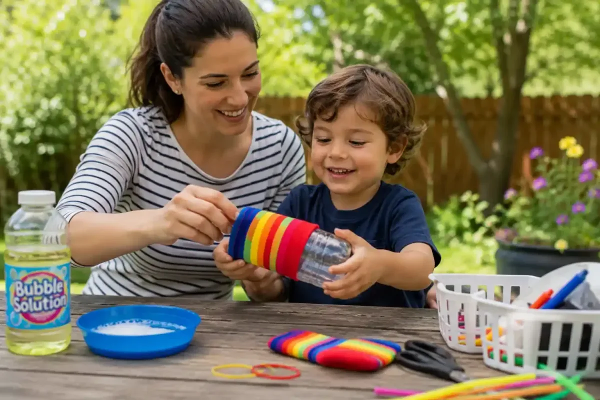 Adult making a bubble blower while child watches