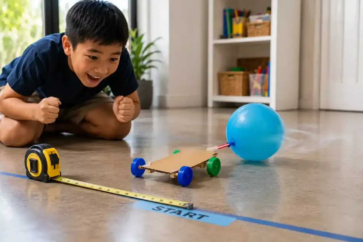 Balloon powered car racing across a smooth surface
