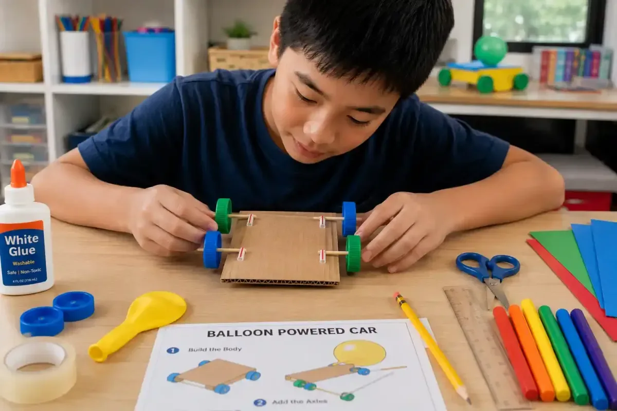 Child attaching wheels to a homemade balloon car