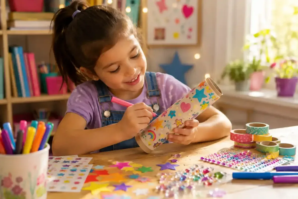 Child decorating a cardboard tube