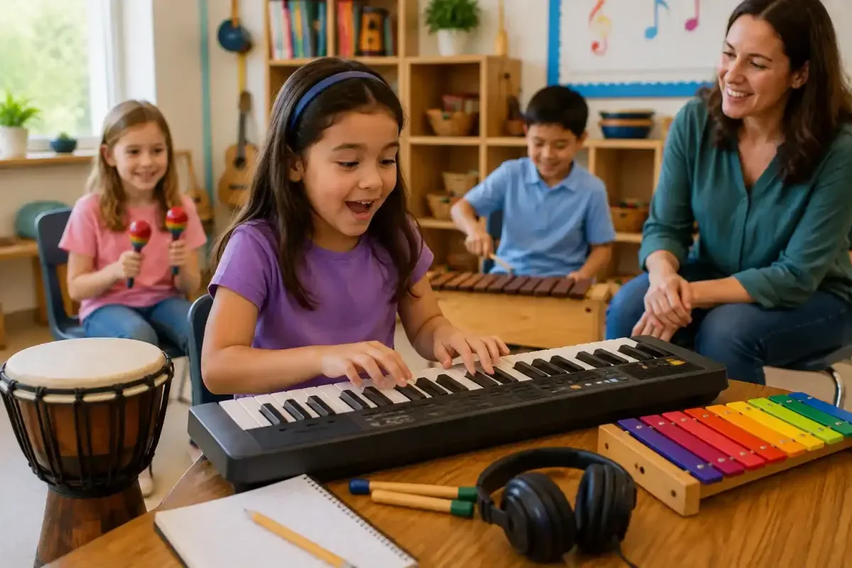 Child Exploring Music During a Fun Classroom Activity