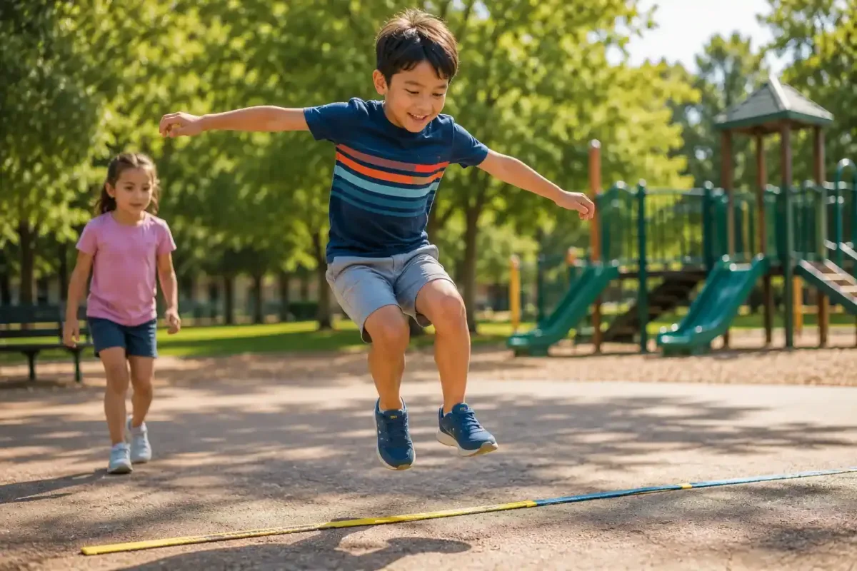 Child jumping and using muscles during active play