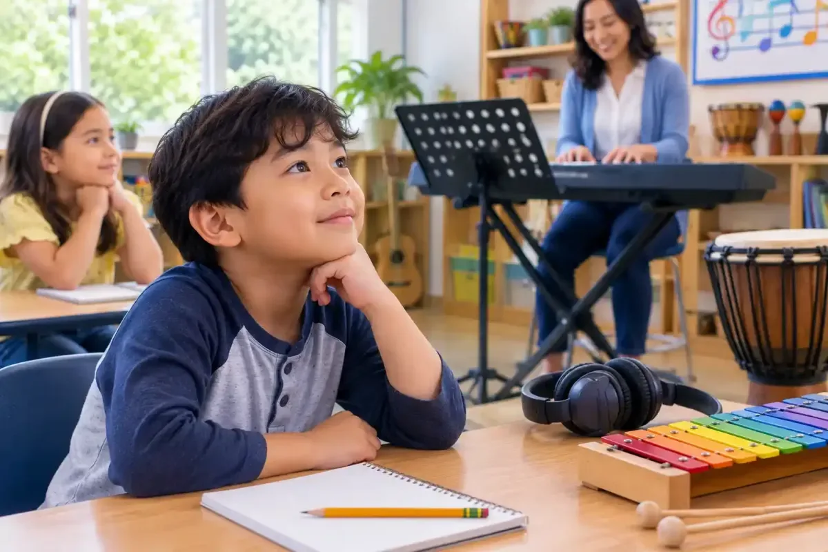 Child Listening Carefully to Music in a Classroom