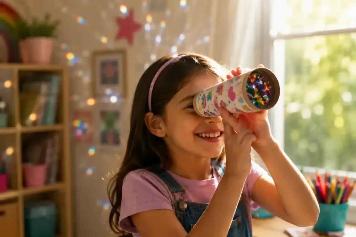 Child looking through a homemade kaleidoscope