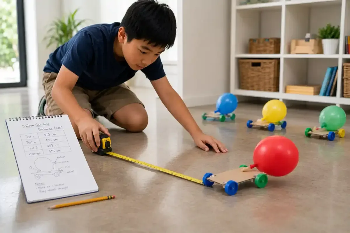 Child measuring the distance traveled by a balloon car