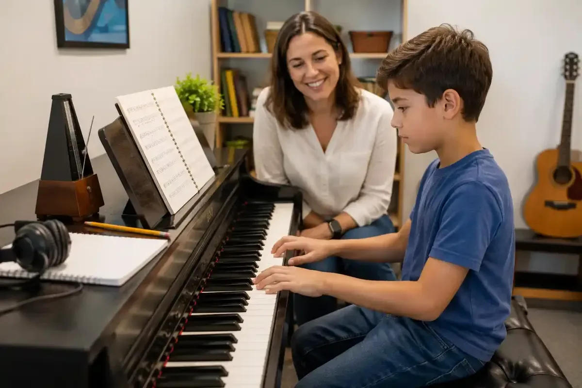 Child Practicing Piano During a Music Lesson