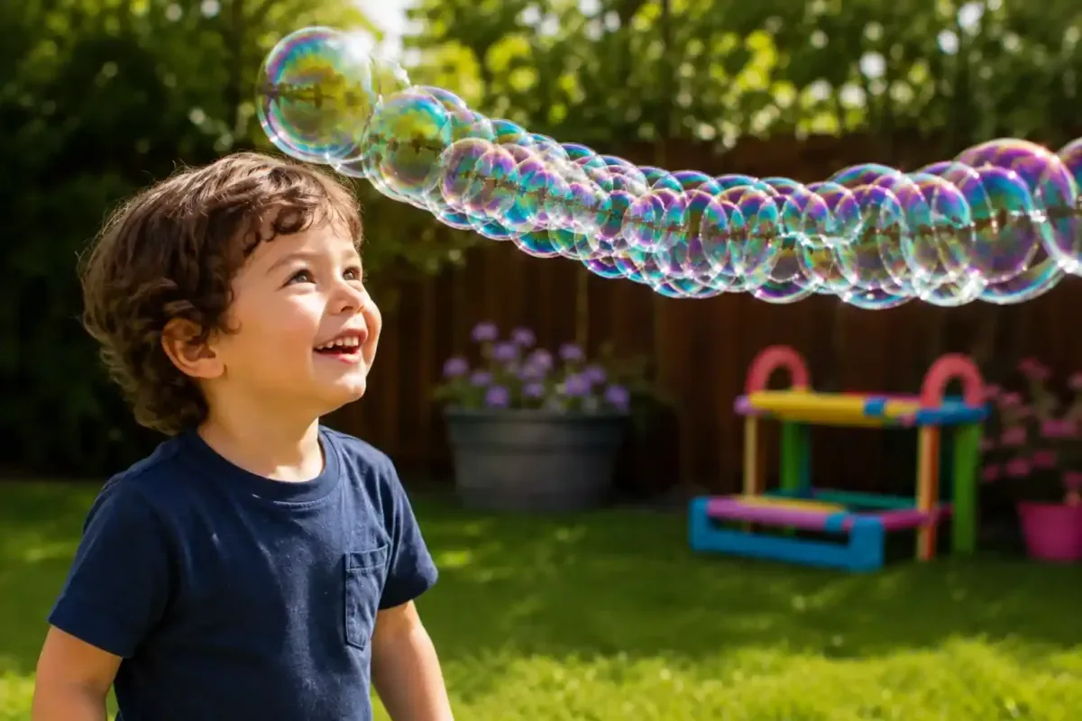 Child smiling at a giant bubble snake