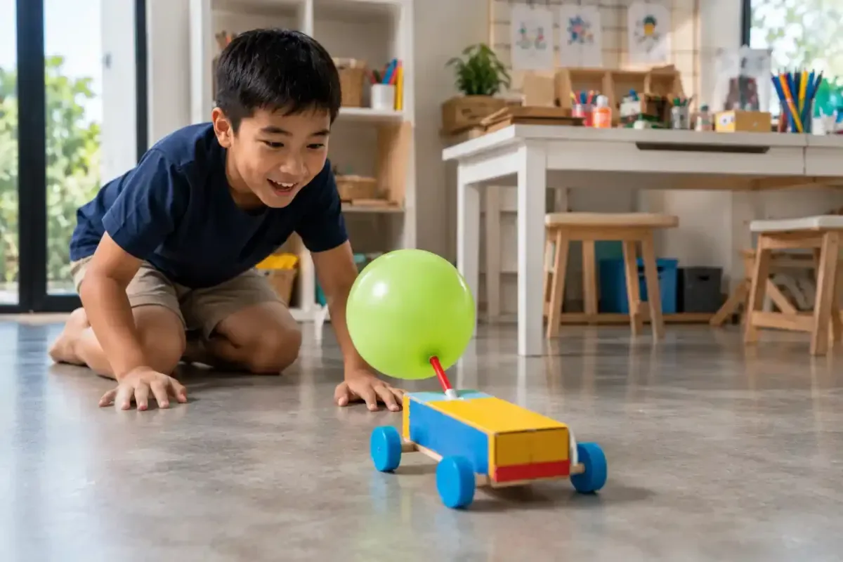Child testing a homemade balloon powered car