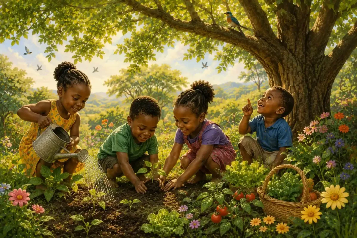 Children Caring for Nature Under a Tree
