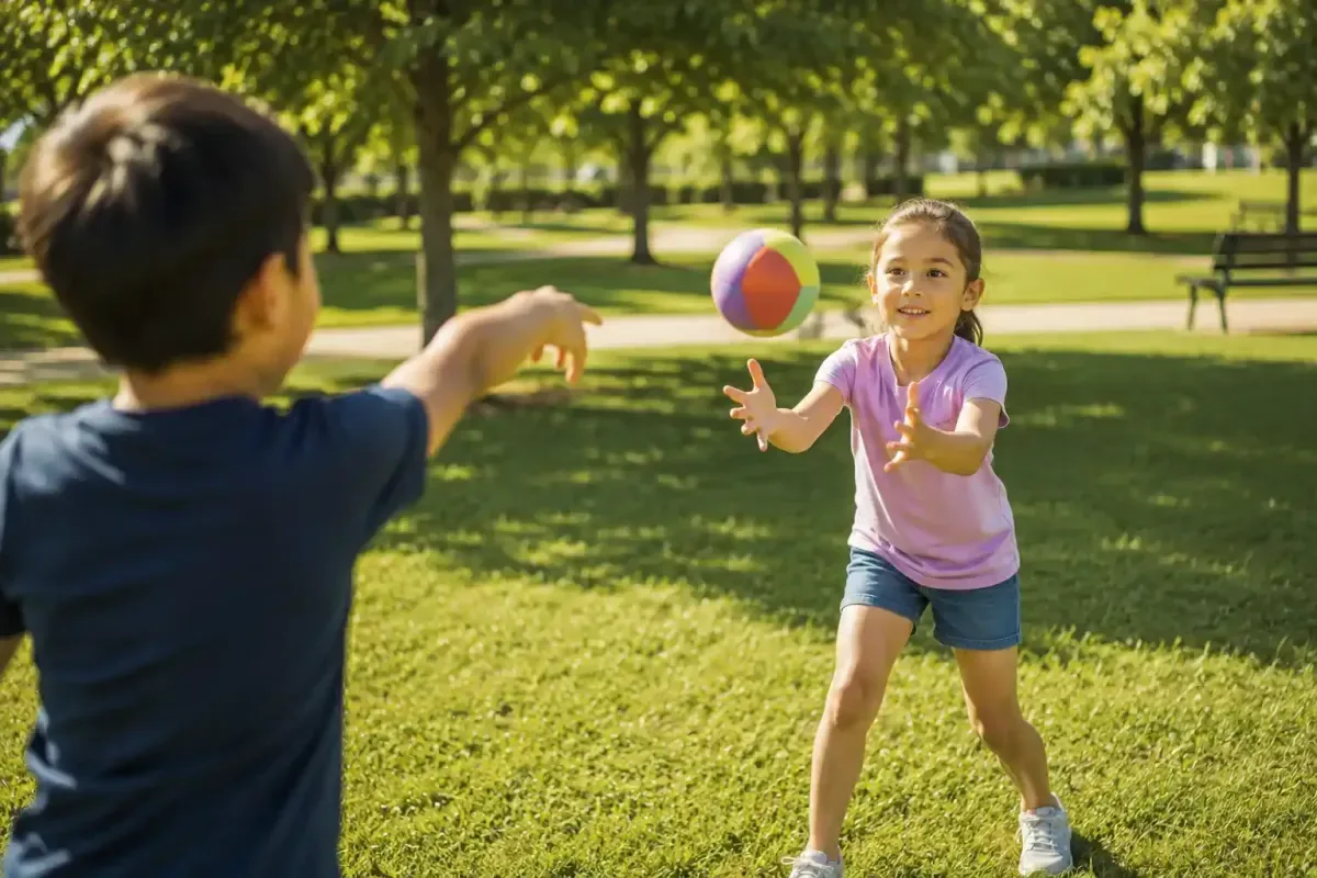Children playing catch and practicing coordination