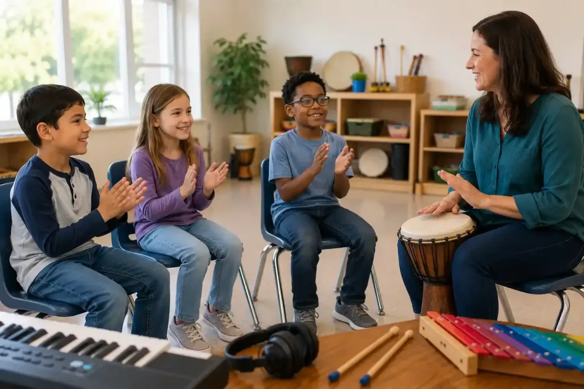 Children Practicing Rhythm by Clapping to Music