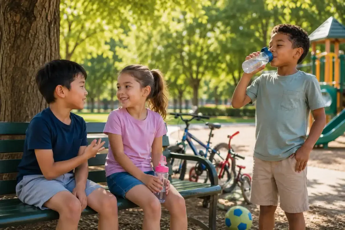 Children resting and drinking water after exercise