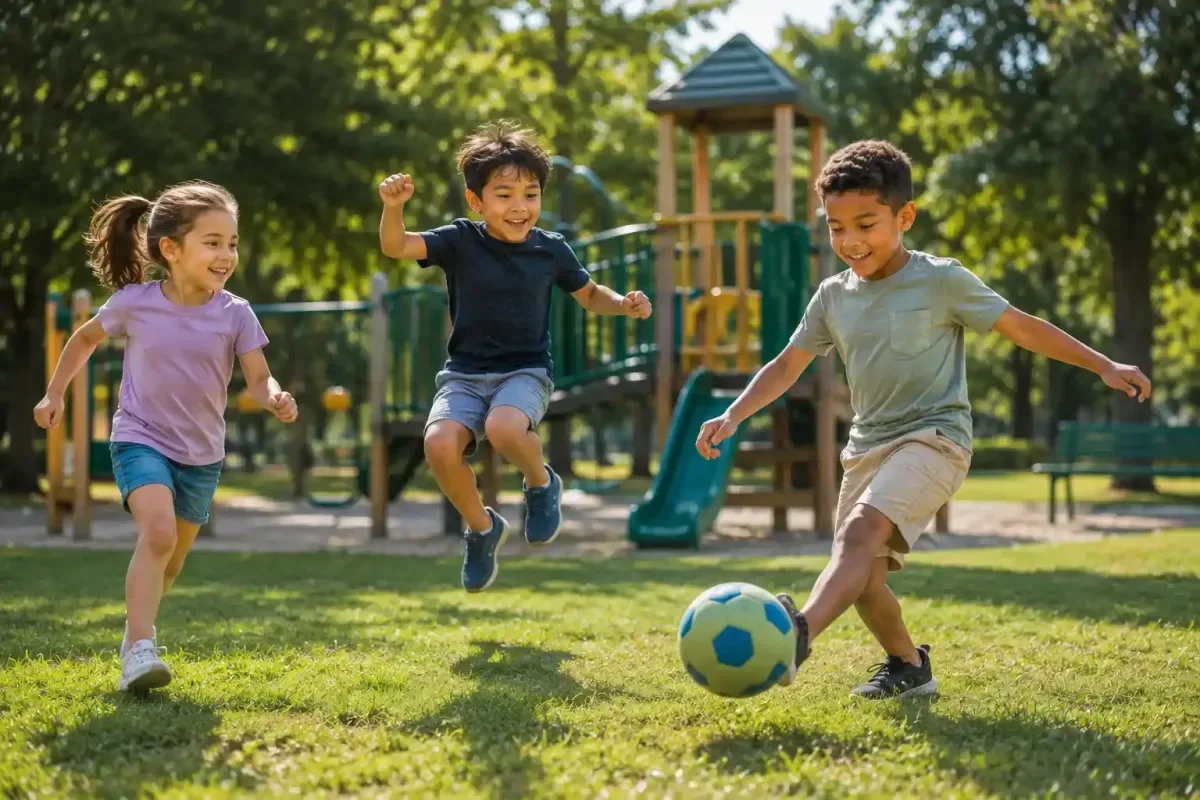 Children running and playing outdoors while exercising