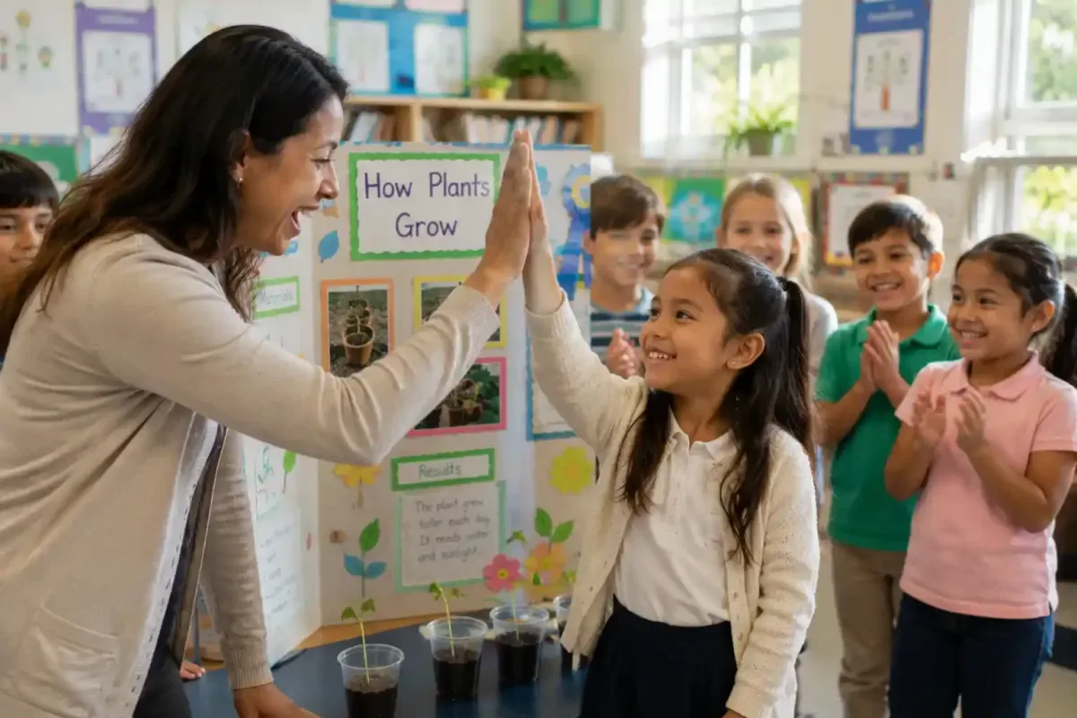 Classmates clap and smile in the background, celebrating her accomplishment