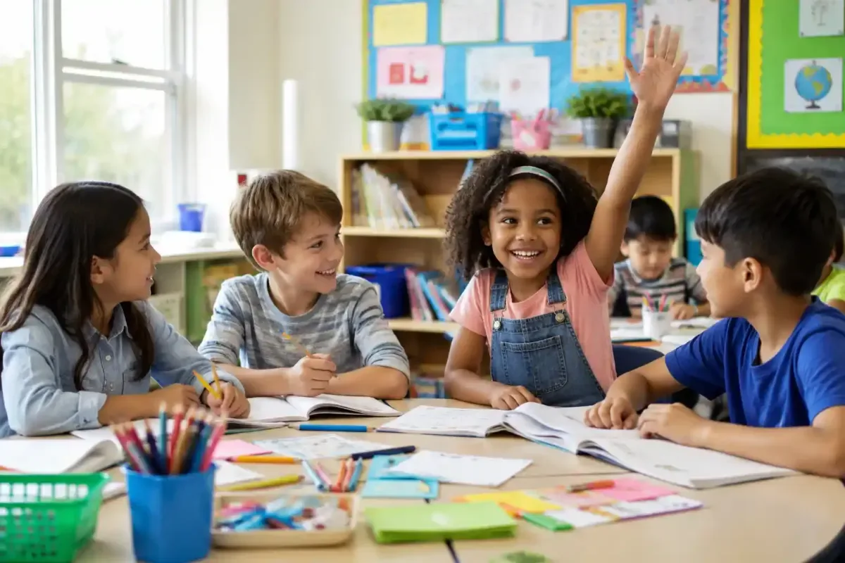 Elementary students working together on a classroom activity