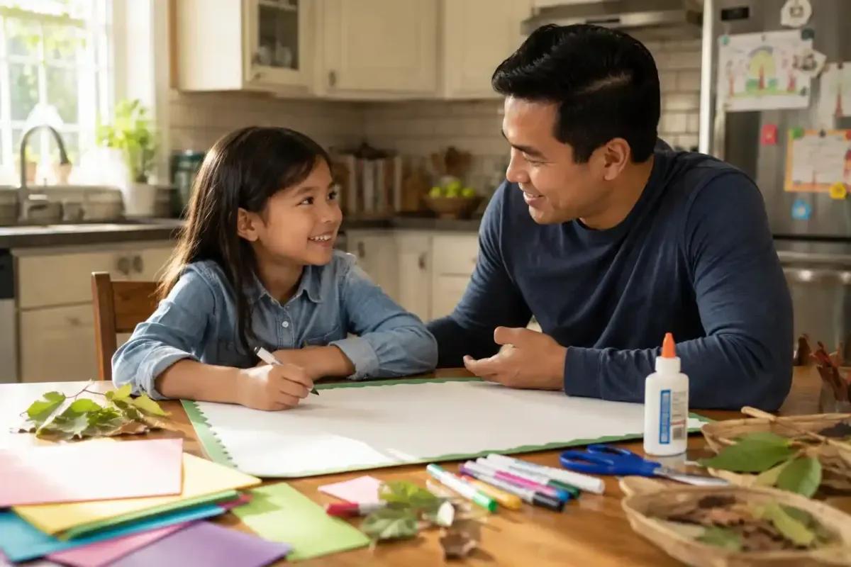 Father encouraging his daughter as she begins a science project