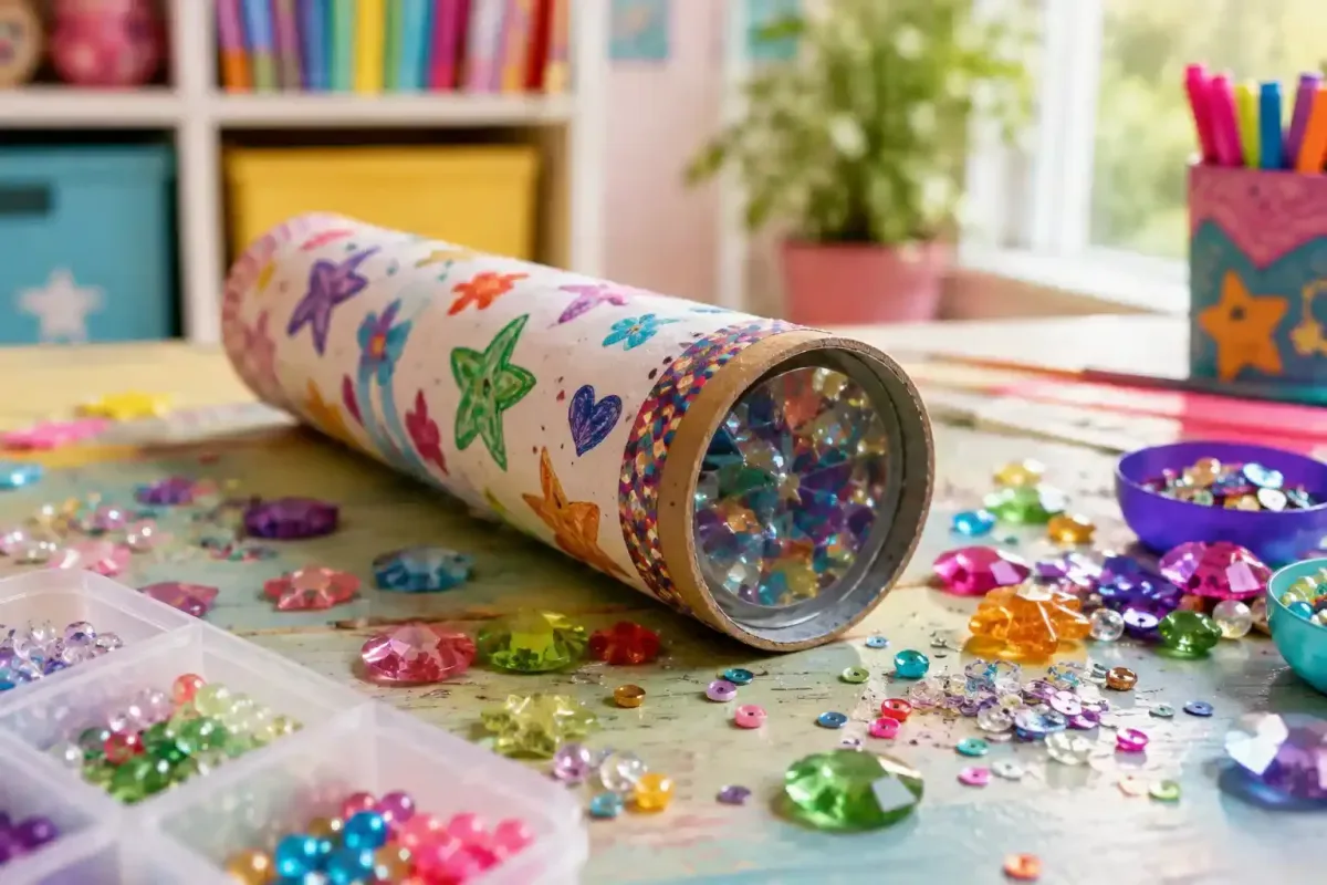 Finished homemade kaleidoscope with colorful patterns