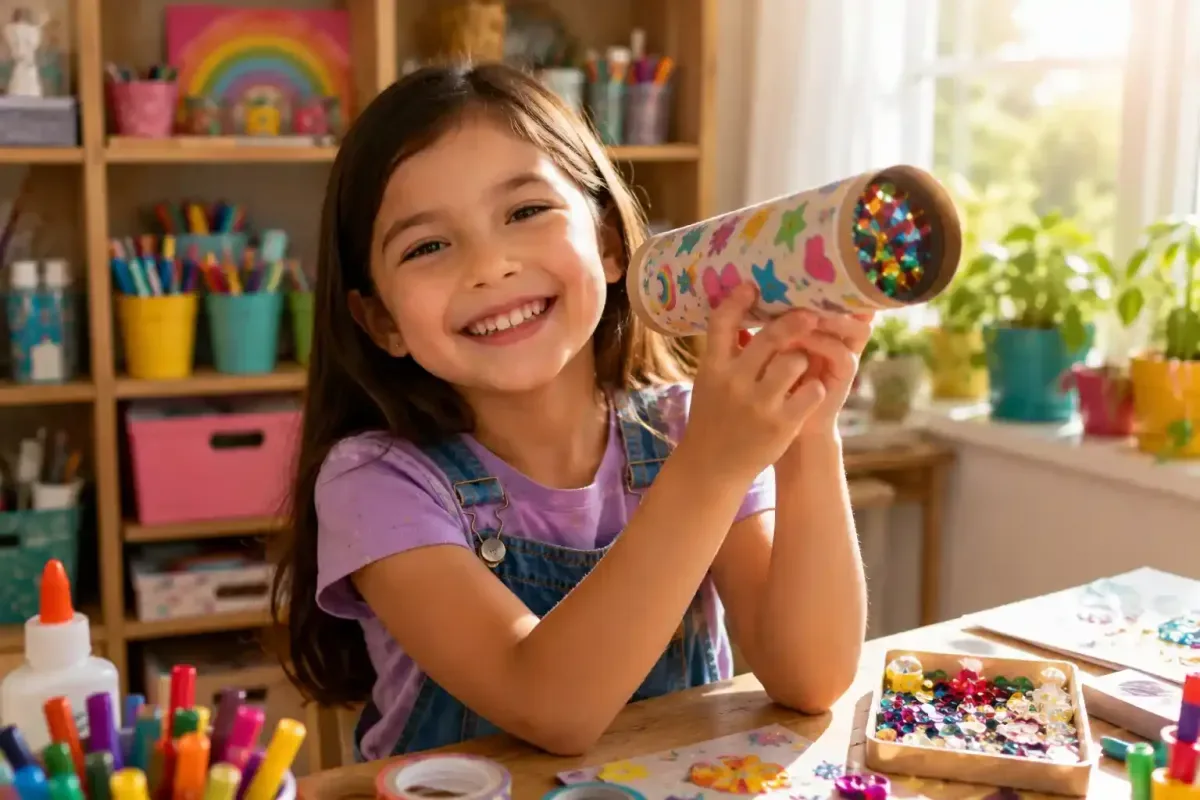 Happy child proudly holding a homemade kaleidoscope