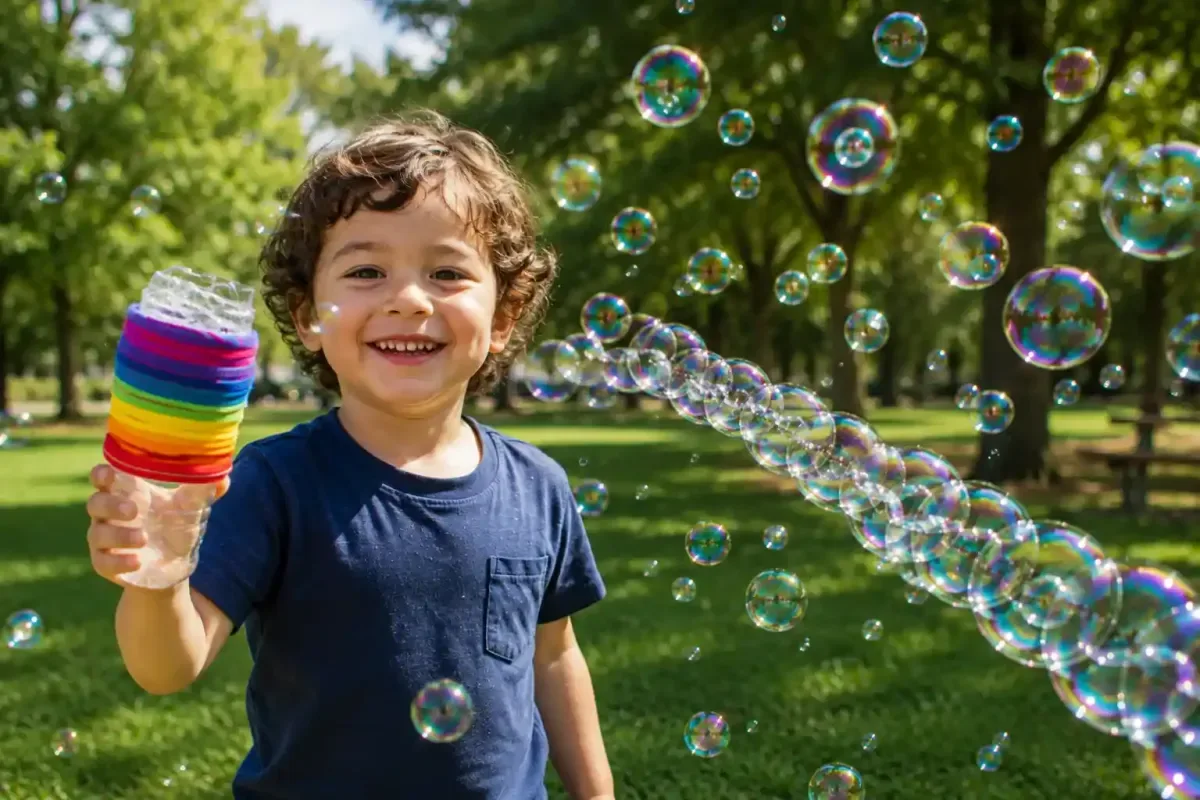 Happy little scientist holding a homemade bubble blower