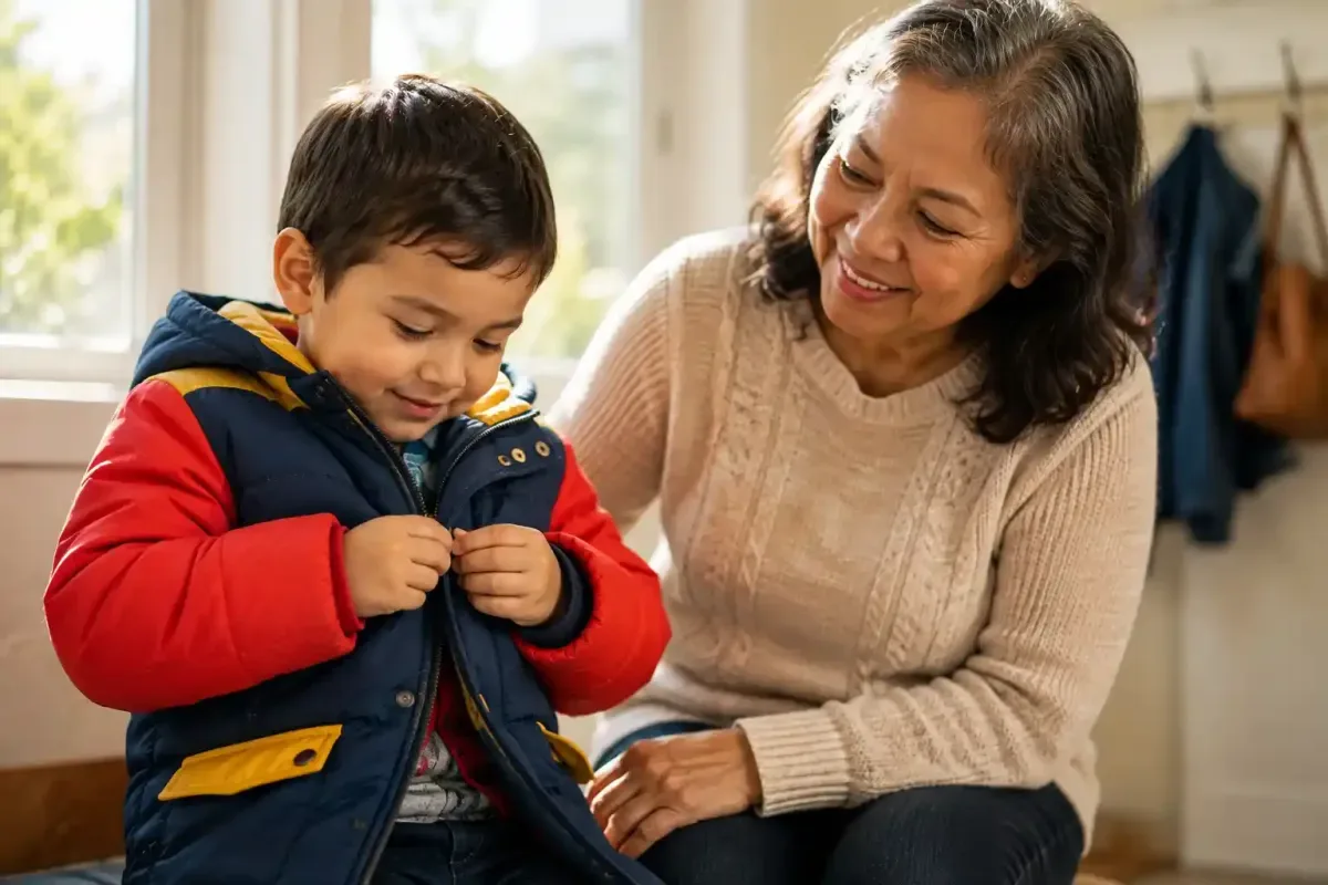 Little boy trying to button his coat
