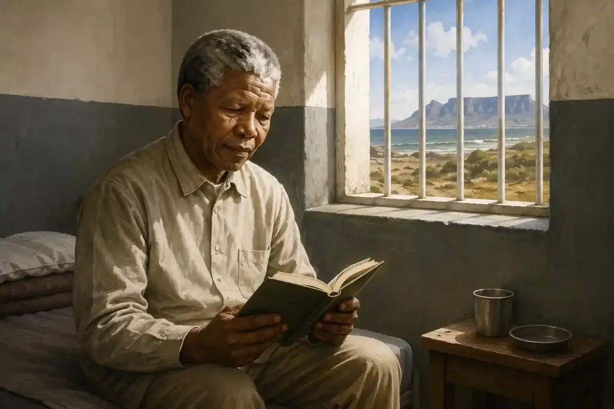 Nelson Mandela Reading in Prison on Robben Island
