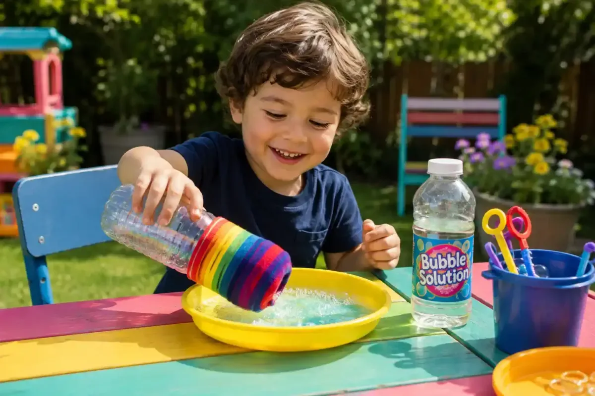 Preschool child dipping bubble blower into bubble solution