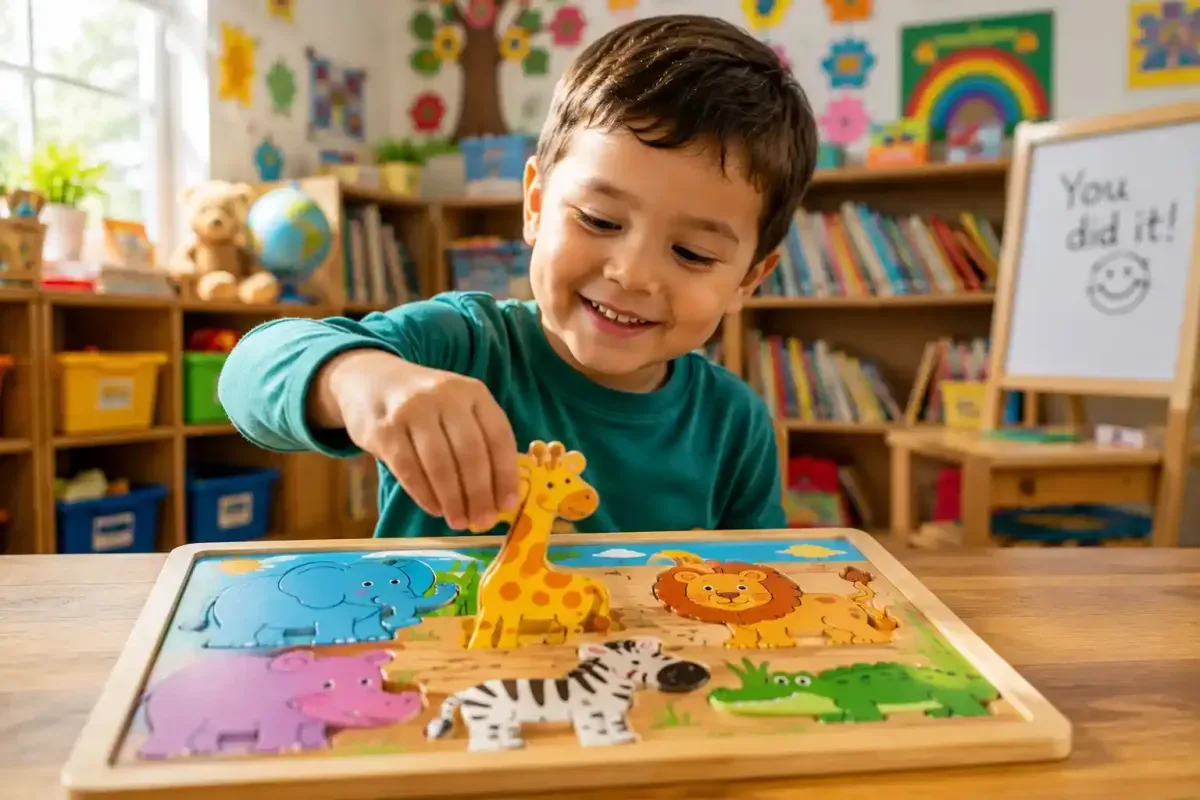 Preschool child finishing a colorful puzzle