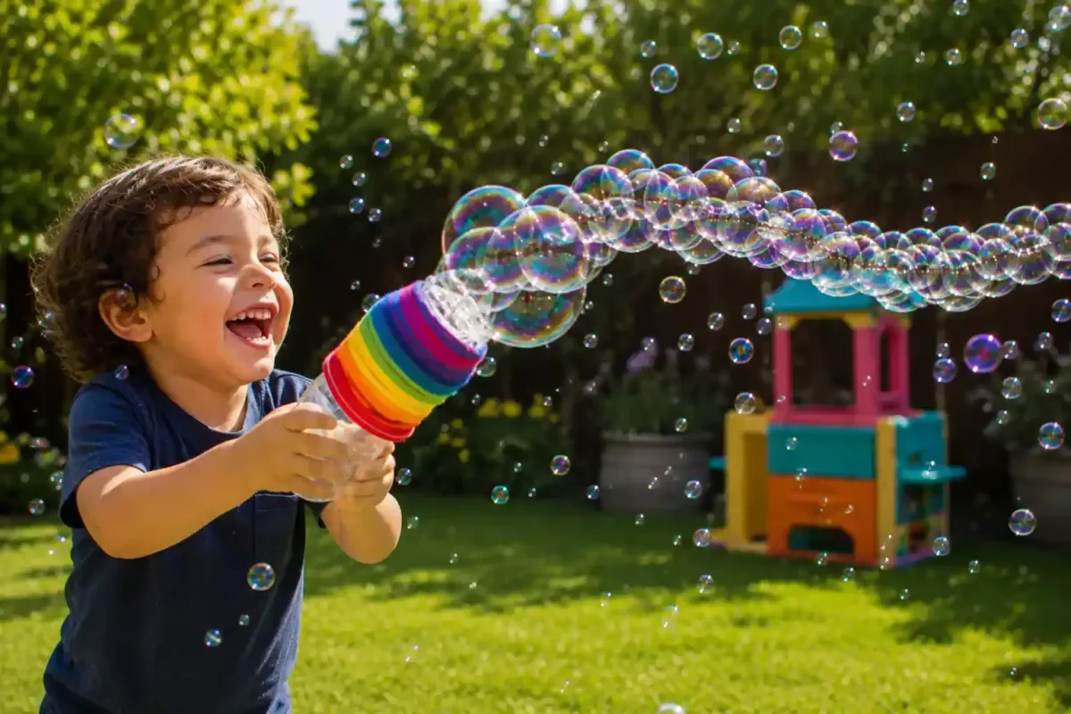 Preschool child laughing while making bubble snakes